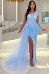 Designer Long Column Sky Blue One Shoulder Floor-Length Split Front Tulle Lace Prom Dresses with Long Sleeves